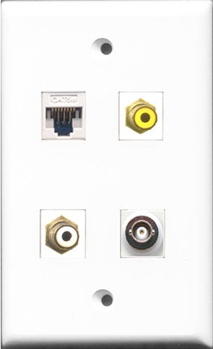 RiteAV 1 Port RCA White and 1 Port RCA Yellow and 1 Port BNC and 1 Port Cat5e Ethernet White Wall Plate