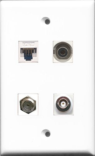 RiteAV - 1 Port Coax Cable TV- F-Type and 1 Port 3.5mm and 1 Port BNC and 1 Port Cat5e Ethernet White Wall Plate