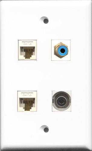RiteAV 1 Port RCA Blue and 1 Port 3.5mm 2 Port Cat6 Ethernet White Wall Plate