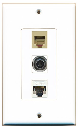 RiteAV - 1 Port Phone RJ11 RJ12 Beige and 1 Port 3.5mm and 1 Port Cat5e Ethernet White Decorative Wall Plate Decorative