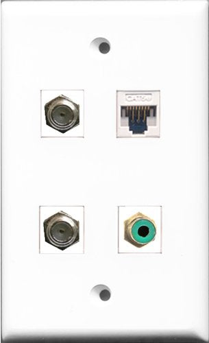 RiteAV 1 Port RCA Green 2 Port Coax Cable TV- F-Type and 1 Port Cat5e Ethernet White Wall Plate