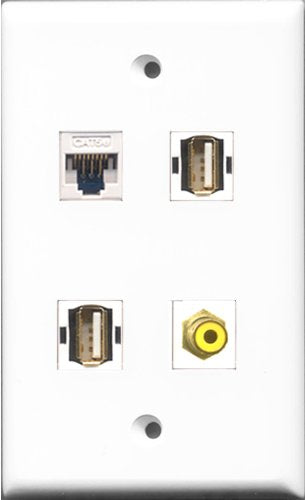 RiteAV 1 Port RCA Yellow 2 Port USB A-A and 1 Port Cat5e Ethernet White Wall Plate