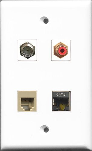 RiteAV 1 Port RCA Red and 1 Port Coax Cable TV- F-Type and 1 Port Phone RJ11 RJ12 Beige and 1 Port Shielded Cat6 Ethernet Wall Plate