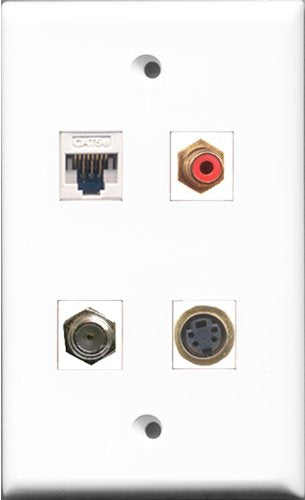 RiteAV 1 Port RCA Red and 1 Port Coax Cable TV- F-Type and 1 Port S-Video and 1 Port Cat5e Ethernet White Wall Plate