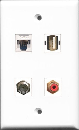 RiteAV 1 Port RCA Red and 1 Port Coax Cable TV- F-Type and 1 Port USB A-A and 1 Port Cat5e Ethernet White Wall Plate