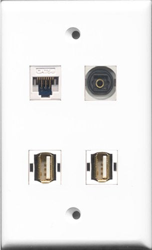 RiteAV - 2 Port USB A-A and 1 Port Toslink and 1 Port Cat5e Ethernet White Wall Plate