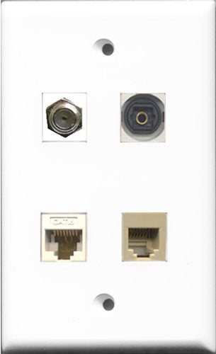 RiteAV 1 Port Coax Cable TV- F-Type and 1 Port Phone RJ11 RJ12 Beige and 1 Port Toslink and 1 Port Cat6 Ethernet White Wall Plate