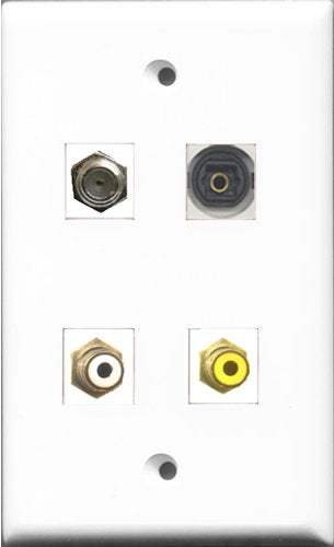 RiteAV 1 Port RCA White and 1 Port RCA Yellow and 1 Port Coax Cable TV- F-Type and 1 Port Toslink Wall Plate