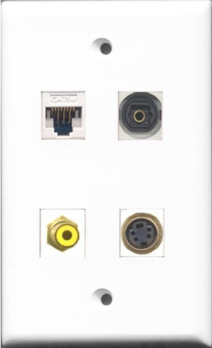 RiteAV 1 Port RCA Yellow and 1 Port S-Video and 1 Port Toslink and 1 Port Cat5e Ethernet White Wall Plate