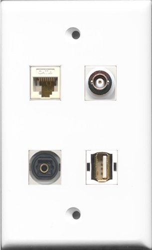 RiteAV 1 Port USB A-A and 1 Port Toslink and 1 Port BNC and 1 Port Cat6 Ethernet White Wall Plate