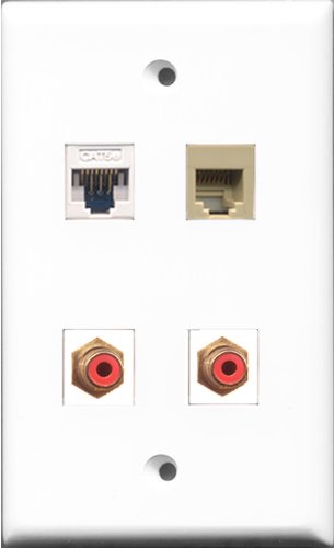 RiteAV - 2 Port RCA Red and 1 Port Phone RJ11 RJ12 Beige and 1 Port Cat5e Ethernet White Wall Plate
