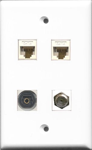 RiteAV 1 Port Coax Cable TV- F-Type and 1 Port Toslink 2 Port Cat6 Ethernet White Wall Plate