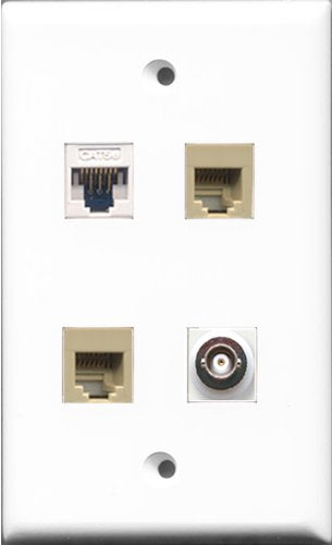 RiteAV - 2 Port Phone RJ11 RJ12 Beige and 1 Port BNC and 1 Port Cat5e Ethernet White Wall Plate