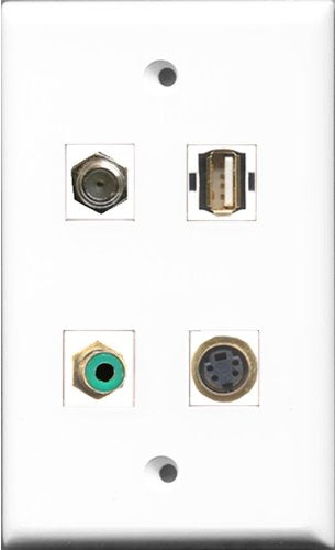 RiteAV 1 Port RCA Green and 1 Port Coax Cable TV- F-Type and 1 Port USB A-A and 1 Port S-Video Wall Plate