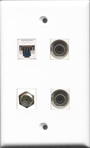 RiteAV - 1 Port Coax Cable TV- F-Type 2 Port 3.5mm and 1 Port Cat5e Ethernet White Wall Plate