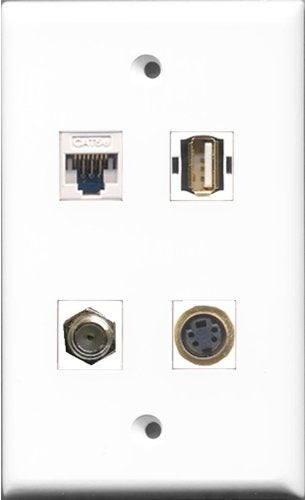 RiteAV 1 Port Coax Cable TV- F-Type and 1 Port USB A-A and 1 Port S-Video and 1 Port Cat5e Ethernet White Wall Plate