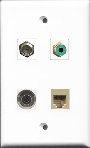 RiteAV 1 Port RCA Green and 1 Port Coax Cable TV- F-Type and 1 Port Phone RJ11 RJ12 Beige and 1 Port 3.5mm Wall Plate