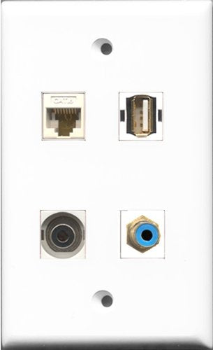 RiteAV 1 Port RCA Blue and 1 Port USB A-A and 1 Port 3.5mm and 1 Port Cat6 Ethernet White Wall Plate