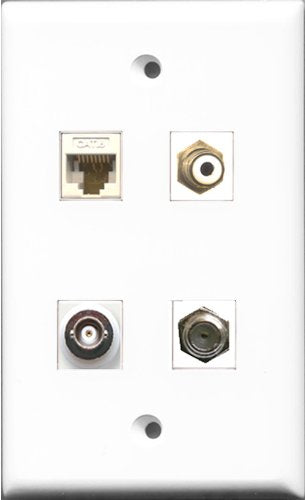 RiteAV 1 Port RCA White and 1 Port Coax Cable TV- F-Type and 1 Port BNC and 1 Port Cat6 Ethernet White Wall Plate