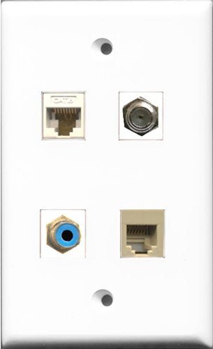 RiteAV 1 Port RCA Blue and 1 Port Coax Cable TV- F-Type and 1 Port Phone RJ11 RJ12 Beige and 1 Port Cat6 Ethernet White Wall Plate