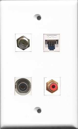 RiteAV 1 Port RCA Red and 1 Port Coax Cable TV- F-Type and 1 Port 3.5mm and 1 Port Cat5e Ethernet White Wall Plate