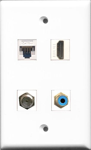 RiteAV - 1 Port HDMI and 1 Port RCA Blue and 1 Port Coax Cable TV- F-Type and 1 Port Cat5e Ethernet White Wall Plate