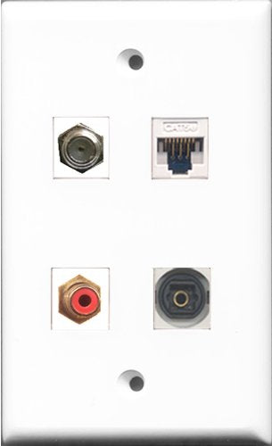 RiteAV 1 Port RCA Red and 1 Port Coax Cable TV- F-Type and 1 Port Toslink and 1 Port Cat5e Ethernet White Wall Plate