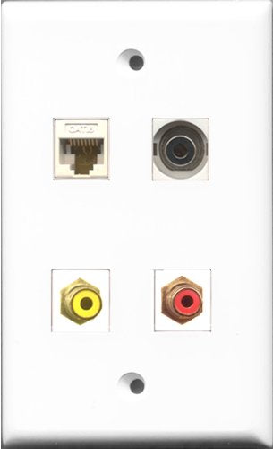 RiteAV 1 Port RCA Red and 1 Port RCA Yellow and 1 Port 3.5mm and 1 Port Cat6 Ethernet White Wall Plate