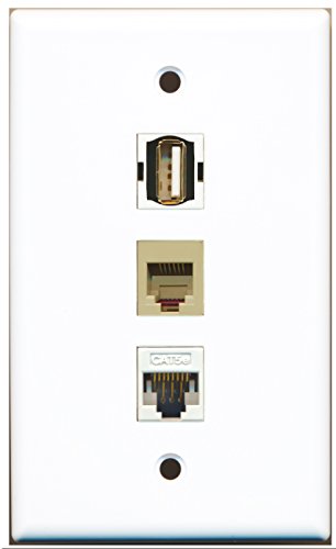 RiteAV - 1 Port USB A-A and 1 Port Phone RJ11 RJ12 Beige and 1 Port Cat5e Ethernet White Wall Plate