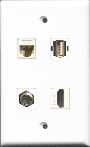 RiteAV 1 Port HDMI and 1 Port Coax Cable TV- F-Type and 1 Port USB A-A and 1 Port Cat6 Ethernet White Wall Plate