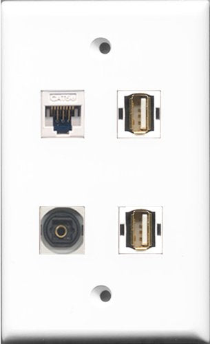 RiteAV - 2 Port USB A-A and 1 Port Toslink and 1 Port Cat5e Ethernet White Wall Plate