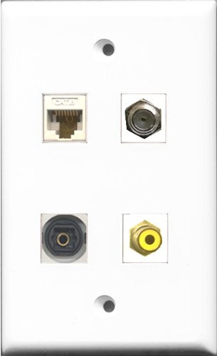 RiteAV 1 Port RCA Yellow and 1 Port Coax Cable TV- F-Type and 1 Port Toslink and 1 Port Cat6 Ethernet White Wall Plate