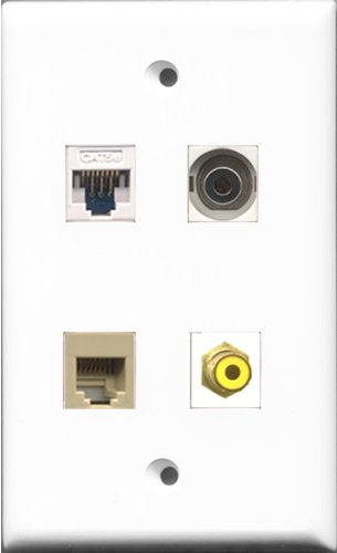 RiteAV - 1 Port RCA Yellow and 1 Port Phone RJ11 RJ12 Beige and 1 Port 3.5mm and 1 Port Cat5e Ethernet White Wall Plate