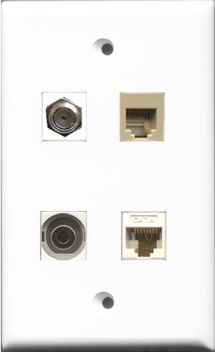 RiteAV 1 Port Coax Cable TV- F-Type and 1 Port Phone RJ11 RJ12 Beige and 1 Port 3.5mm and 1 Port Cat6 Ethernet White Wall Plate