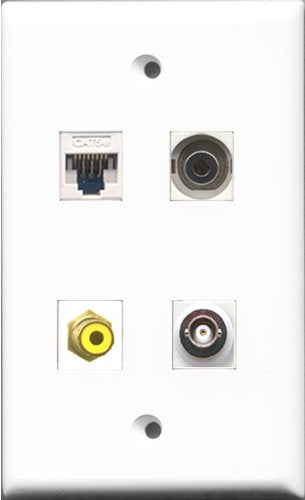 RiteAV - 1 Port RCA Yellow and 1 Port 3.5mm and 1 Port BNC and 1 Port Cat5e Ethernet White Wall Plate
