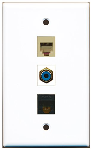 RiteAV - 1 Port RCA Blue and 1 Port Phone RJ11 RJ12 Beige and 1 Port Cat6 Ethernet Black Wall Plate
