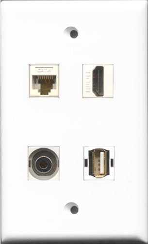 RiteAV 1 Port HDMI and 1 Port USB A-A and 1 Port 3.5mm and 1 Port Cat6 Ethernet White Wall Plate