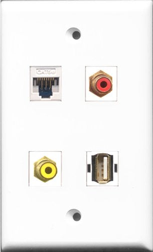 RiteAV 1 Port RCA Red and 1 Port RCA Yellow and 1 Port USB A-A and 1 Port Cat5e Ethernet White Wall Plate
