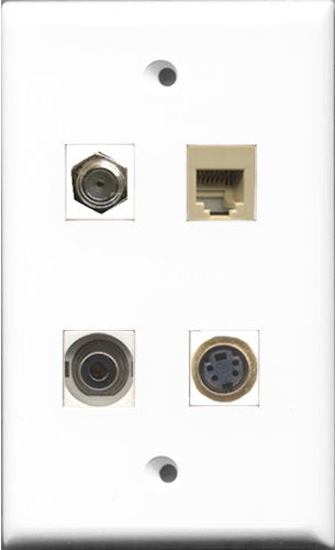 RiteAV 1 Port Coax Cable TV- F-Type and 1 Port Phone RJ11 RJ12 Beige and 1 Port S-Video and 1 Port 3.5mm Wall Plate