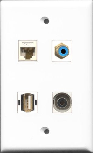 RiteAV 1 Port RCA Blue and 1 Port USB A-A and 1 Port 3.5mm and 1 Port Cat6 Ethernet White Wall Plate