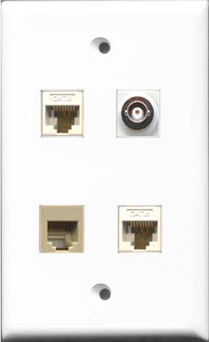 RiteAV 1 Port Phone RJ11 RJ12 Beige and 1 Port BNC 2 Port Cat6 Ethernet White Wall Plate