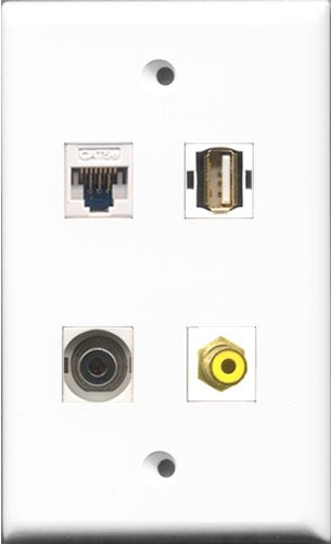 RiteAV 1 Port RCA Yellow and 1 Port USB A-A and 1 Port 3.5mm and 1 Port Cat5e Ethernet White Wall Plate