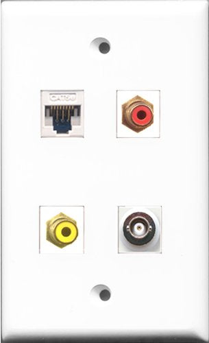 RiteAV 1 Port RCA Red and 1 Port RCA Yellow and 1 Port BNC and 1 Port Cat5e Ethernet White Wall Plate