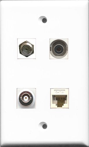 RiteAV 1 Port Coax Cable TV- F-Type and 1 Port 3.5mm and 1 Port BNC and 1 Port Cat6 Ethernet White Wall Plate