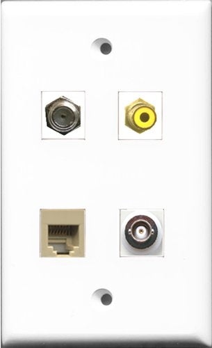 RiteAV 1 Port RCA Yellow and 1 Port Coax Cable TV- F-Type and 1 Port Phone RJ11 RJ12 Beige and 1 Port BNC Wall Plate