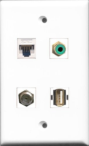 RiteAV 1 Port RCA Green and 1 Port Coax Cable TV- F-Type and 1 Port USB A-A and 1 Port Cat5e Ethernet White Wall Plate