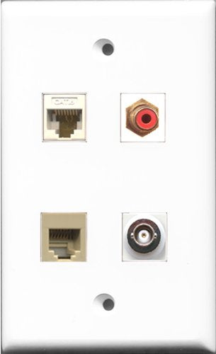 RiteAV 1 Port RCA Red and 1 Port Phone RJ11 RJ12 Beige and 1 Port BNC and 1 Port Cat6 Ethernet White Wall Plate