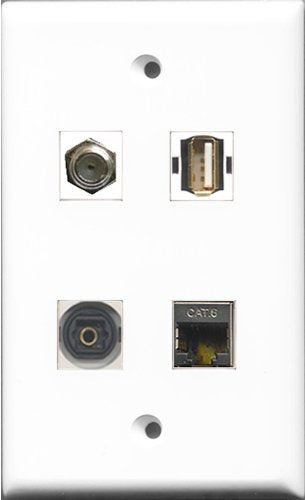 RiteAV 1 Port Coax Cable TV- F-Type and 1 Port USB A-A and 1 Port Shielded Cat6 Ethernet and 1 Port Toslink Wall Plate