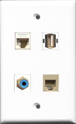 RiteAV 1 Port RCA Blue and 1 Port USB A-A and 1 Port Phone RJ11 RJ12 Beige and 1 Port Cat6 Ethernet White Wall Plate