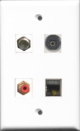 RiteAV 1 Port RCA Red and 1 Port Coax Cable TV- F-Type and 1 Port Shielded Cat6 Ethernet and 1 Port Toslink Wall Plate